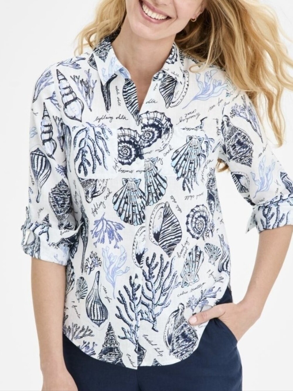 Charter Club Navy and Light Blue Shell-Print Linen Top XL NWT